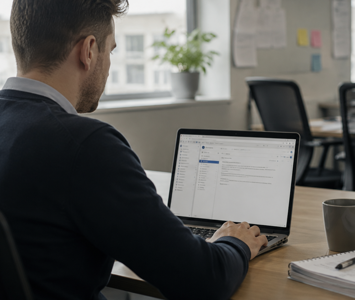 Office worker reviewing an email on a laptop — the ordinary moment when a convincing fake can slip through