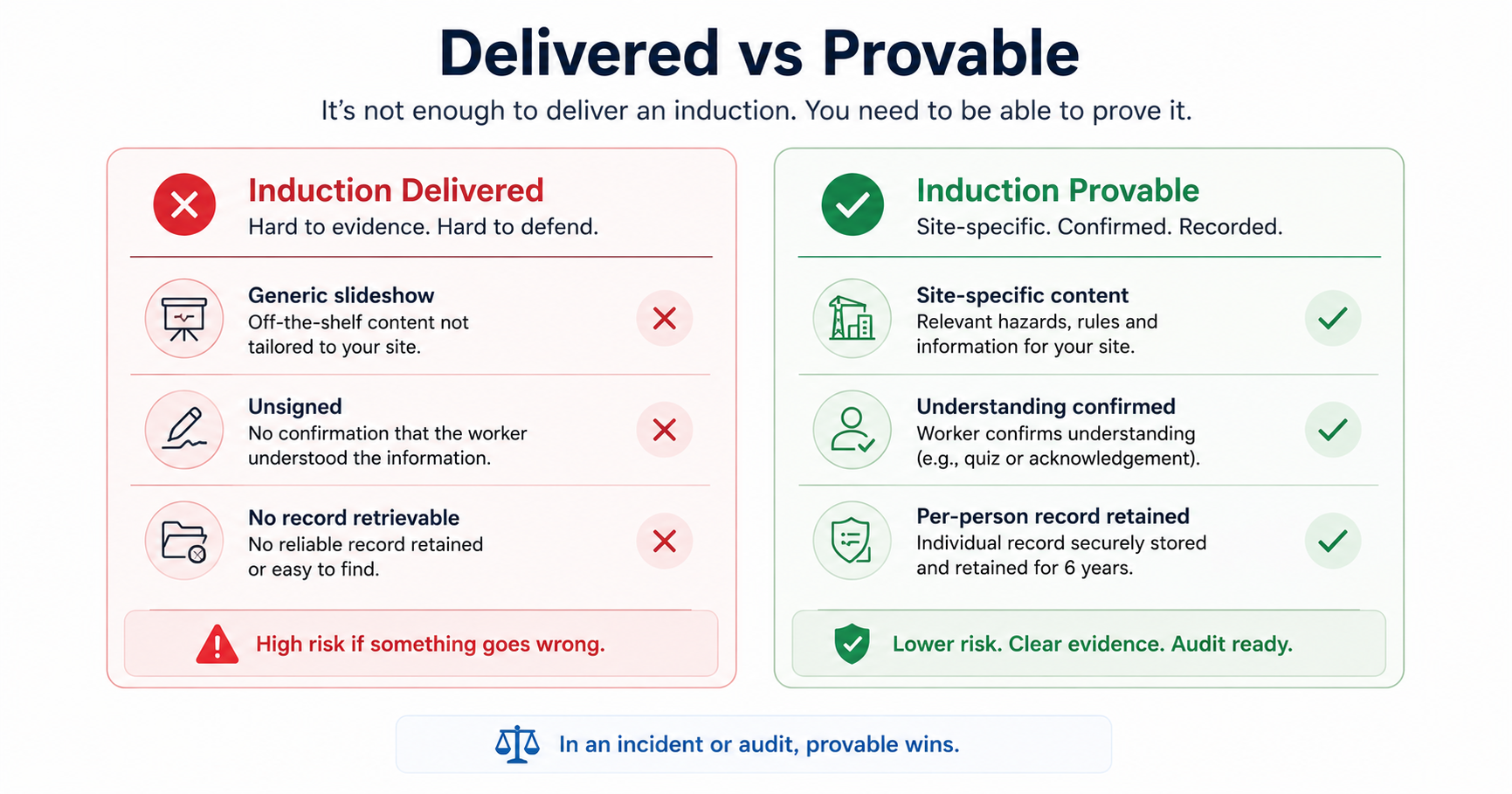 Comparison of an induction that was merely delivered — generic, unsigned, and hard to evidence — versus an induction that is provable with site-specific content, confirmed understanding, and a per-person retained record
