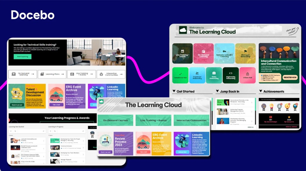 Docebo LMS platform interface showing learning cloud dashboards, on-demand courses, and achievements