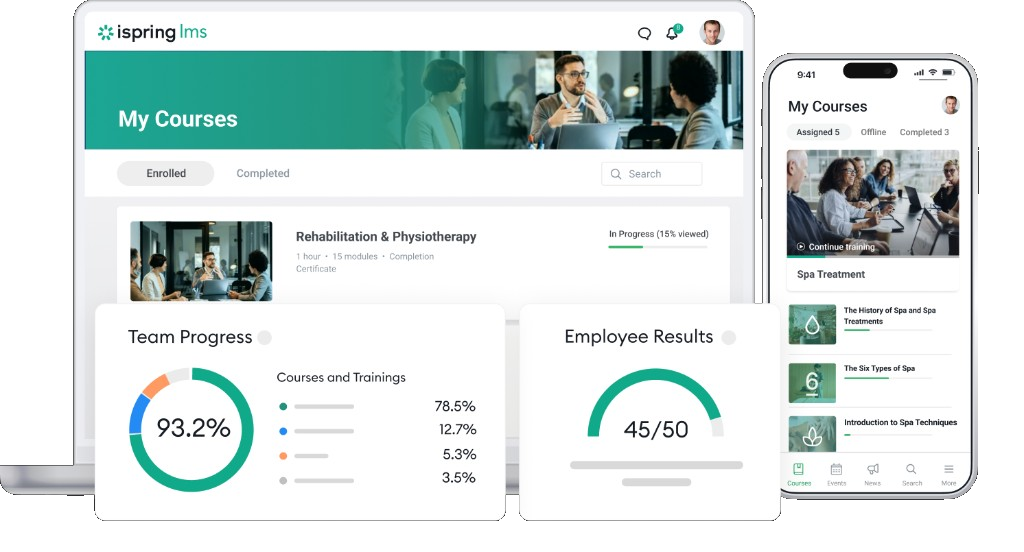iSpring LMS interface on desktop and mobile showing My Courses, progress tracking, and analytics