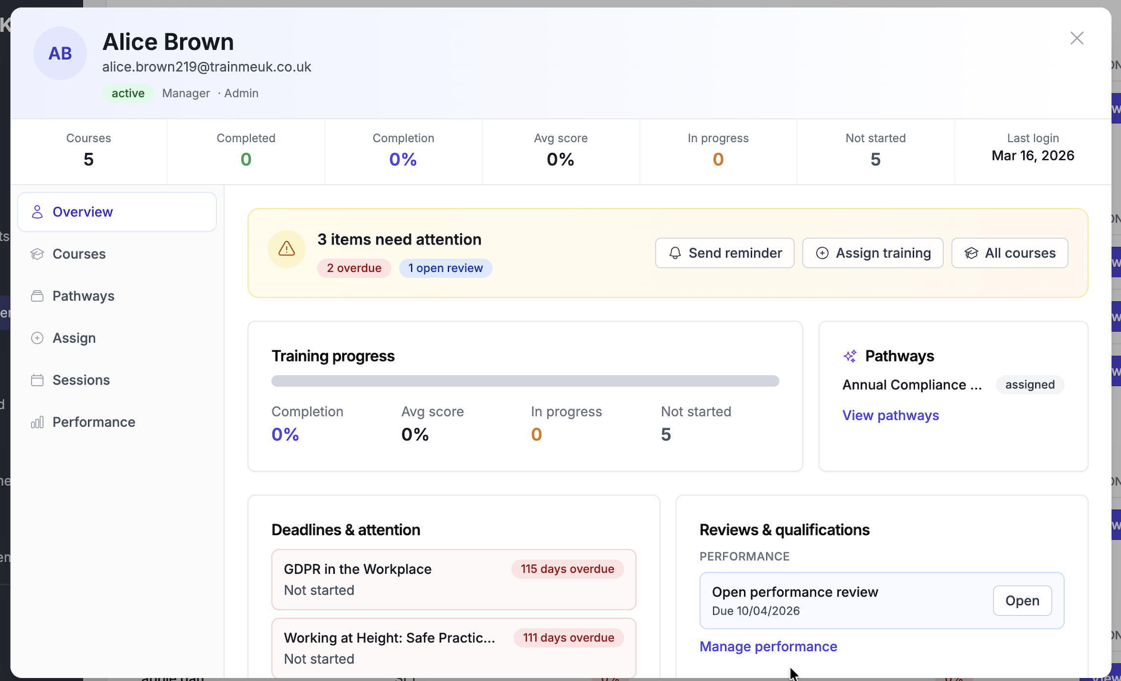 TrainMeUK Manager Dashboard - Team member overview with training progress and deadlines