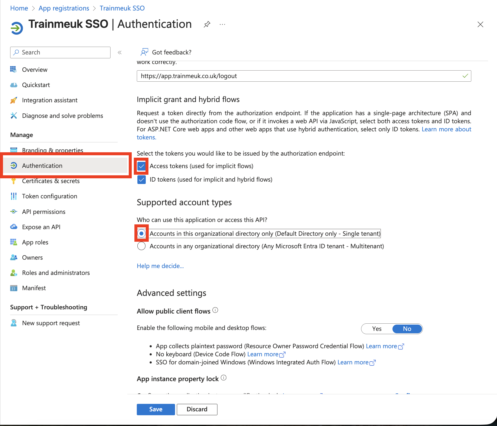 Enable ID tokens in Authentication settings