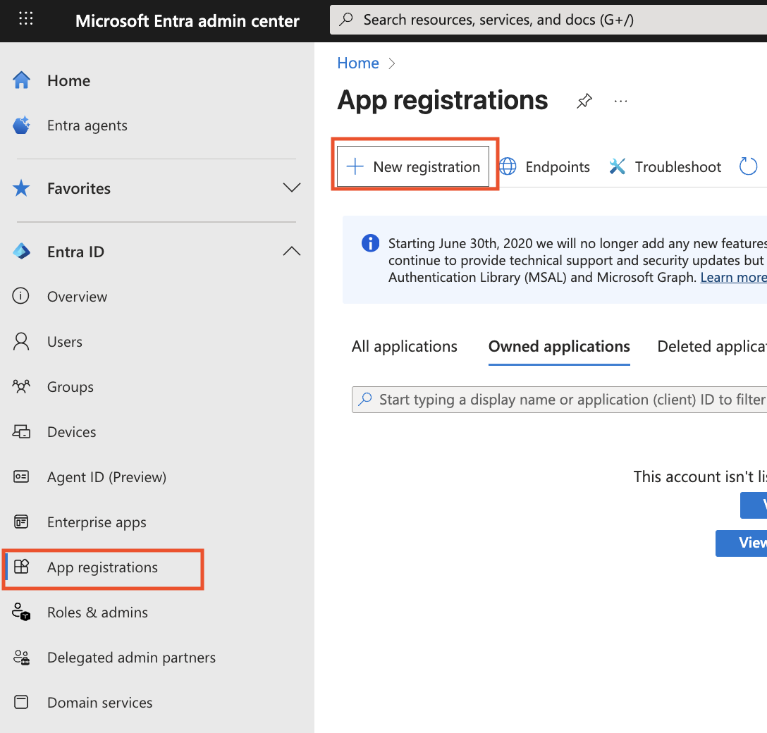 Navigate to App registrations in Microsoft Entra ID