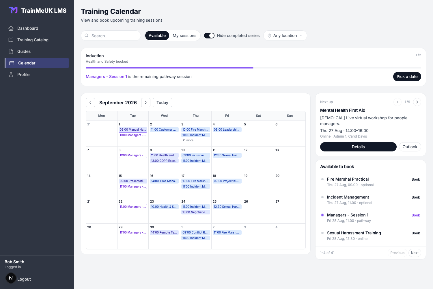 Training Calendar month view with pathway progress and sessions available to book