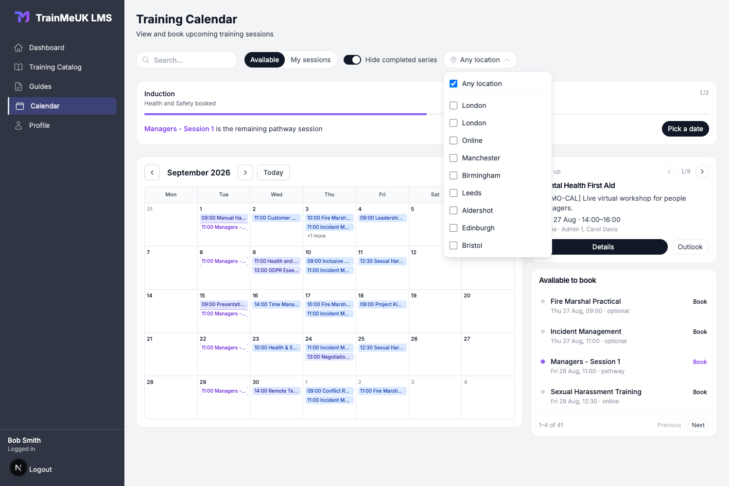 Training Calendar with location filter open