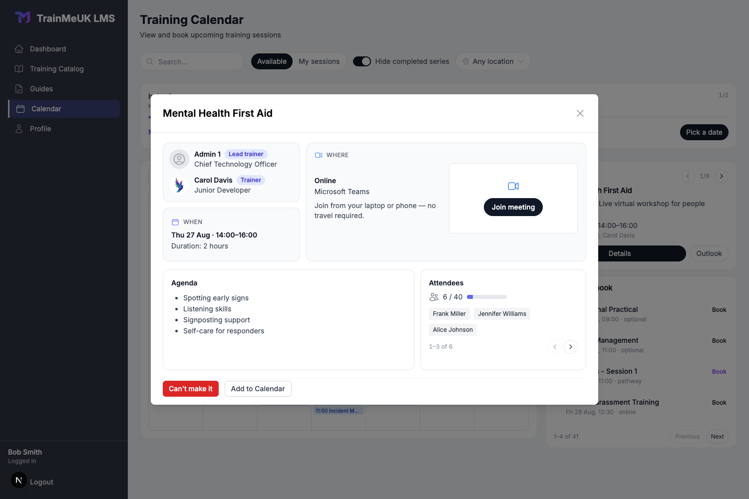 Session details with date, location, trainers, and booking actions