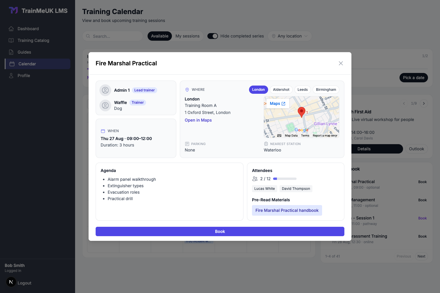 Booking confirmation after reserving a training session