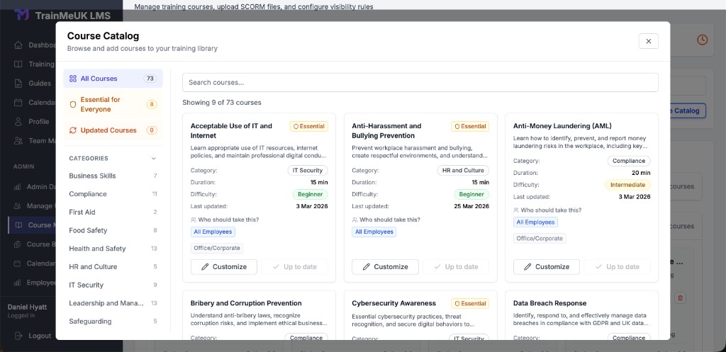 Course Catalog modal with Essential courses and Customize / Up to date actions