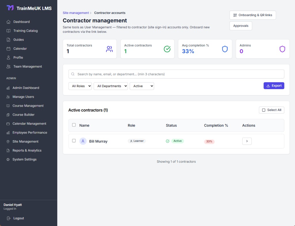 Contractor management table with Onboarding and QR links button