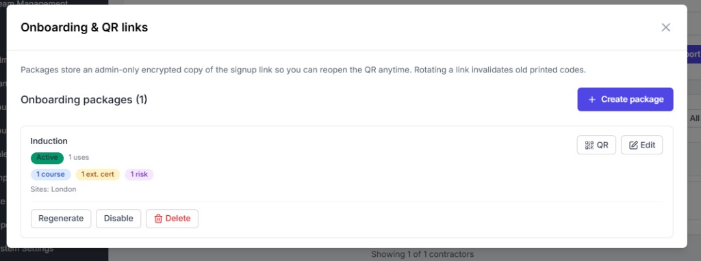 Onboarding packages list with Active badge, use counts, and QR / Edit actions
