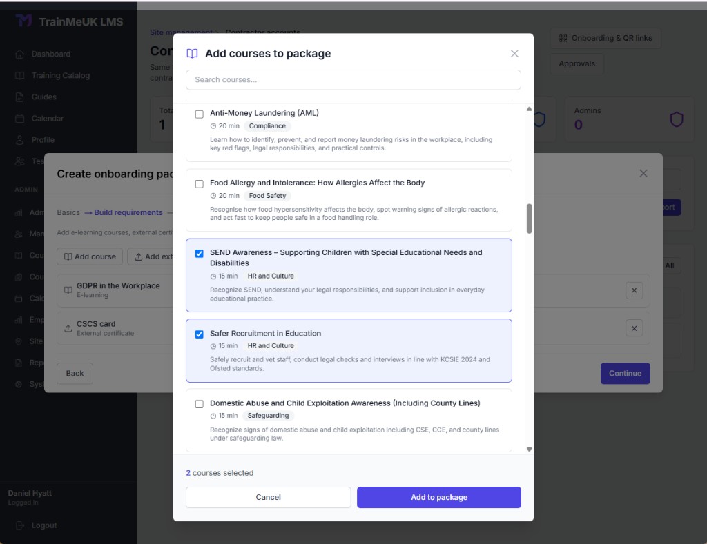 Build requirements with courses selected for the onboarding package