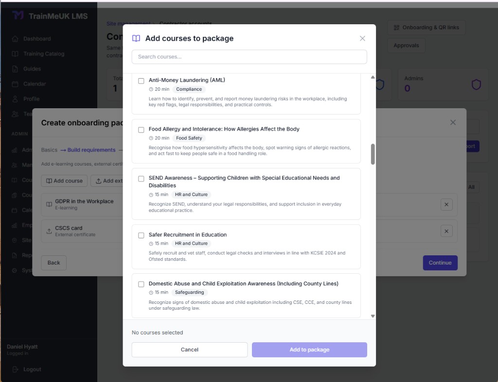 Build requirements step with course, external certificate, and risk template pickers
