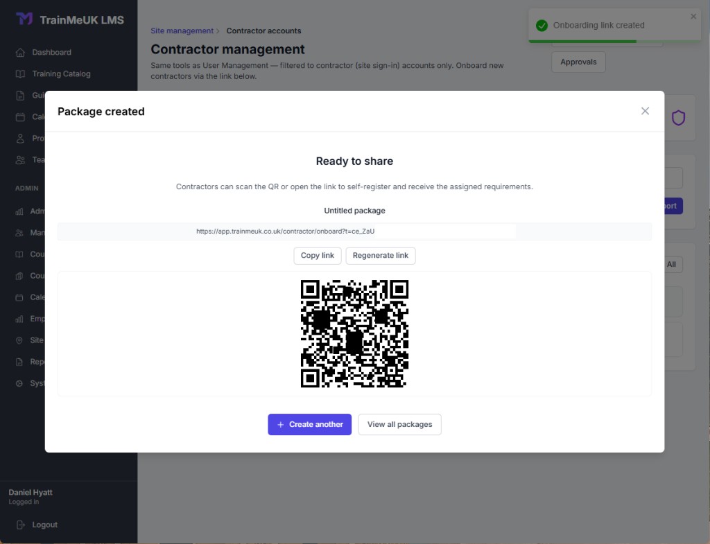Package QR code modal with copy link and QR display