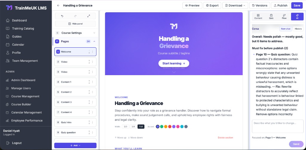 Corsa AI panel with Review the course feedback on the Welcome page