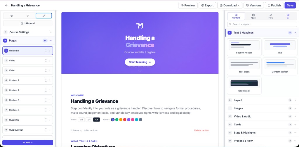Course Builder editor with pages list, Welcome canvas, and Content toolkit