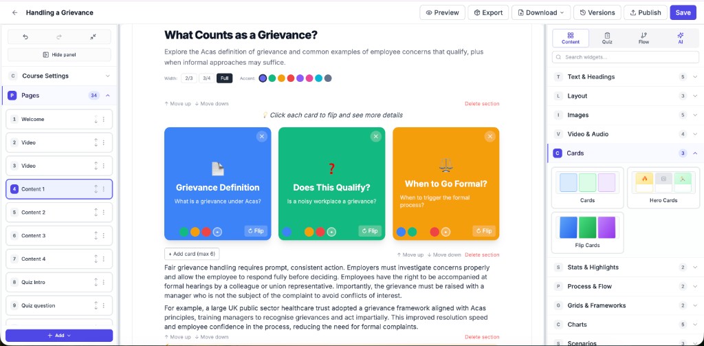 Course Builder Content toolkit with Cards category and Flip Cards on the canvas