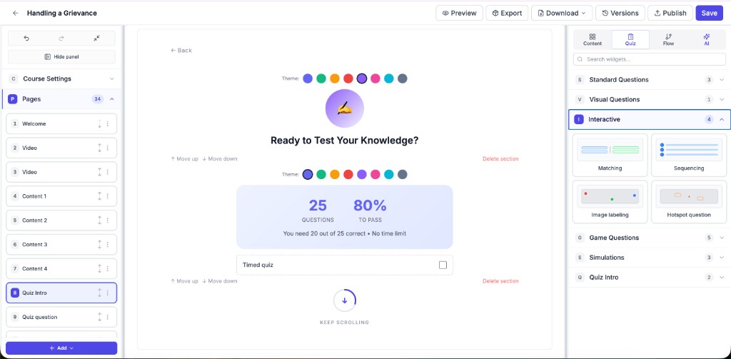 Quiz Intro page with question count, pass percentage, and Interactive widgets