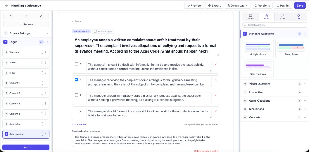 Multiple Choice quiz question editor with options and feedback