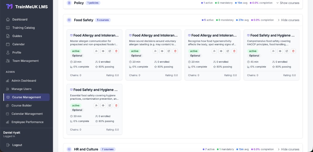Course Management with categories and expanded Food Safety courses