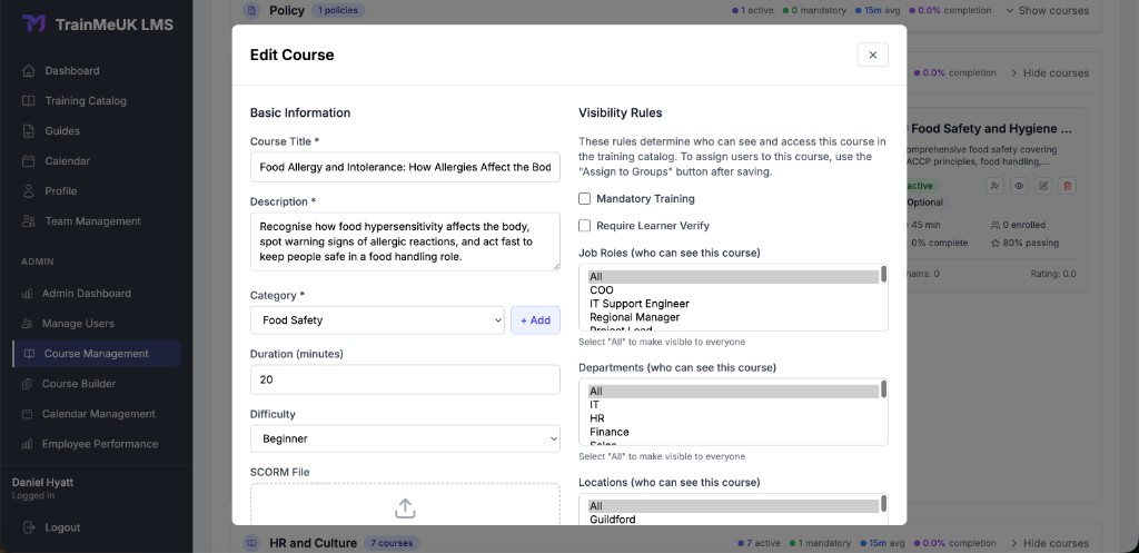 Edit Course visibility rules for job roles, departments, and locations