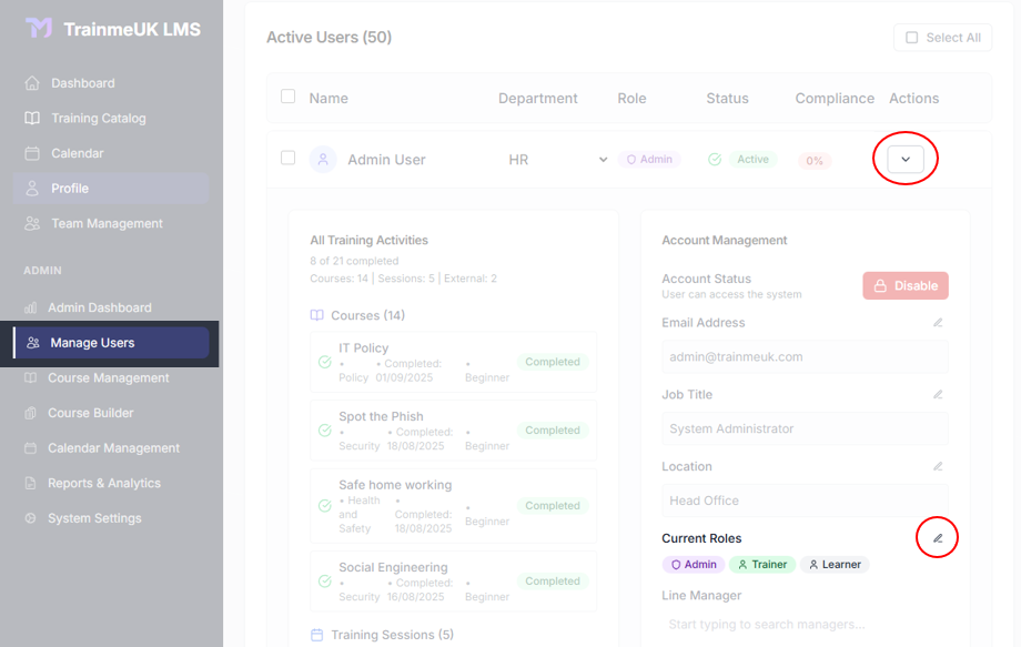 User profile with role dropdown