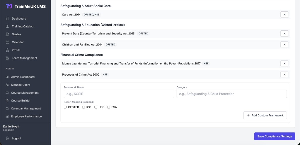 Add Custom Framework form with OFSTED ICO HSE FSA report mapping
