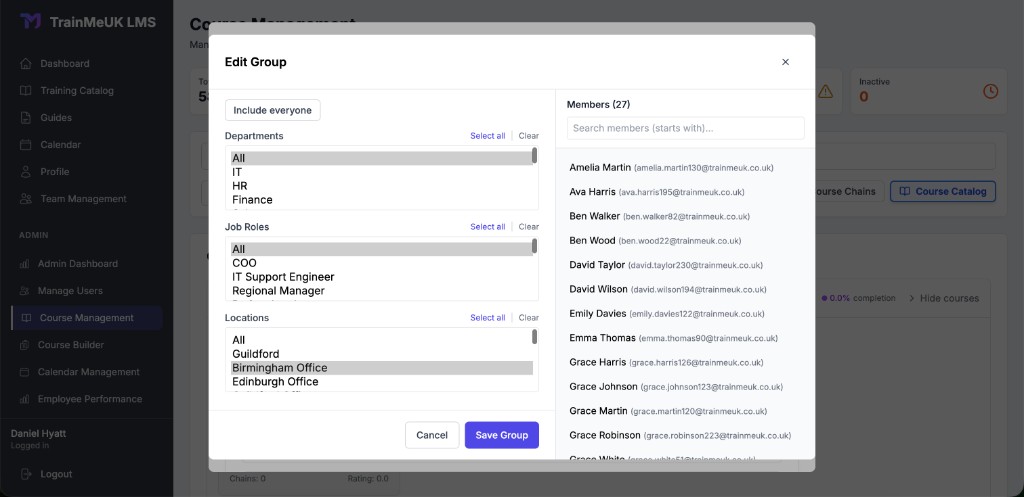 Edit Group modal with department, job role, location filters and members list