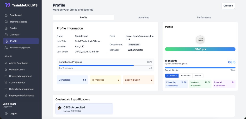 Profile page with compliance progress, points, CPD, and credentials