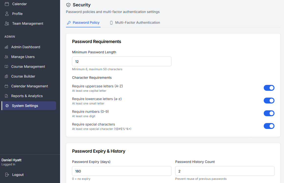 Password policy section
