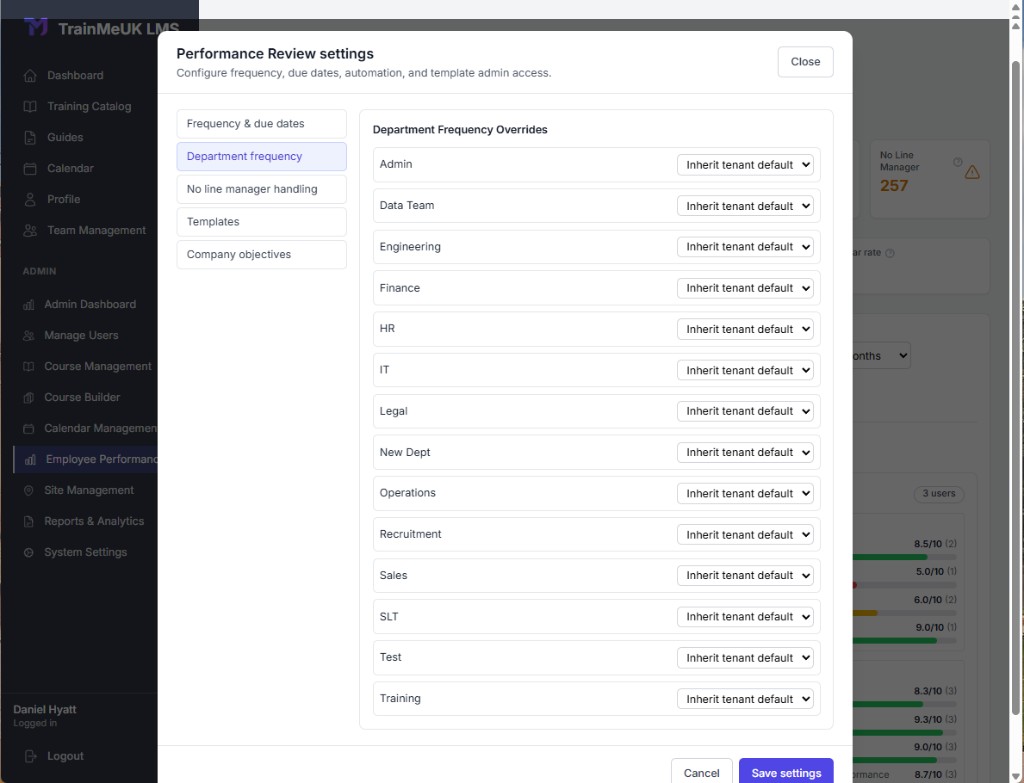 Department frequency overrides in Performance Review settings