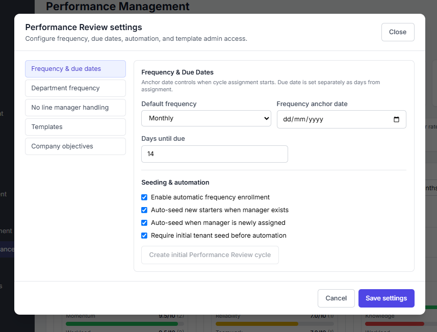 Frequency and due dates settings with seed button