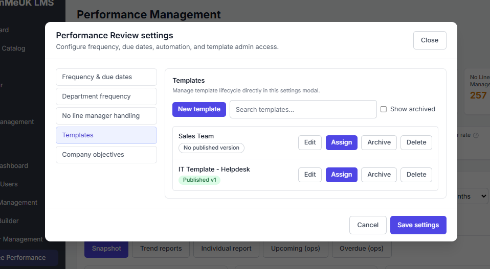 Templates section in Performance Review settings