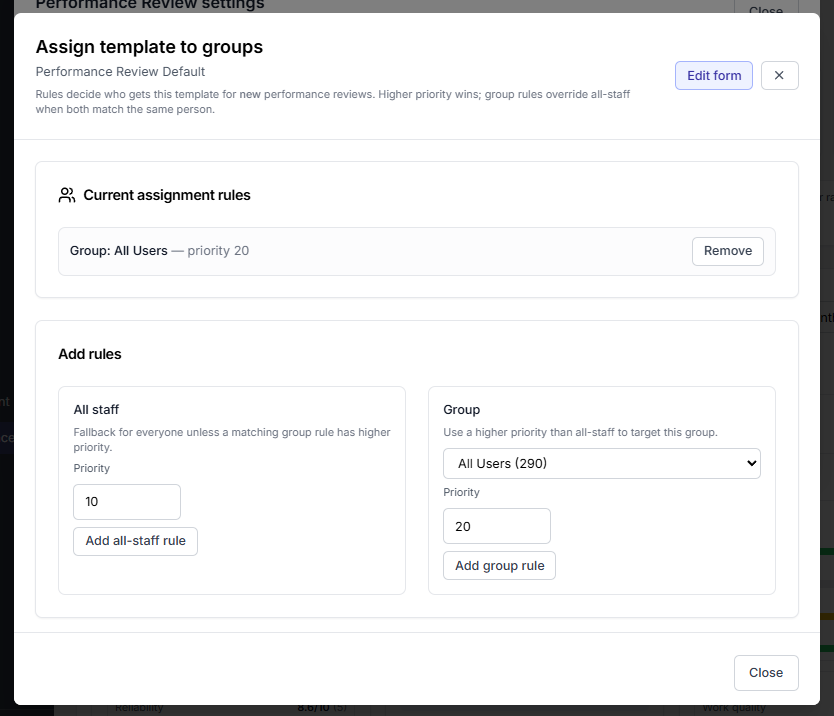 Assign template to groups in Performance Review settings