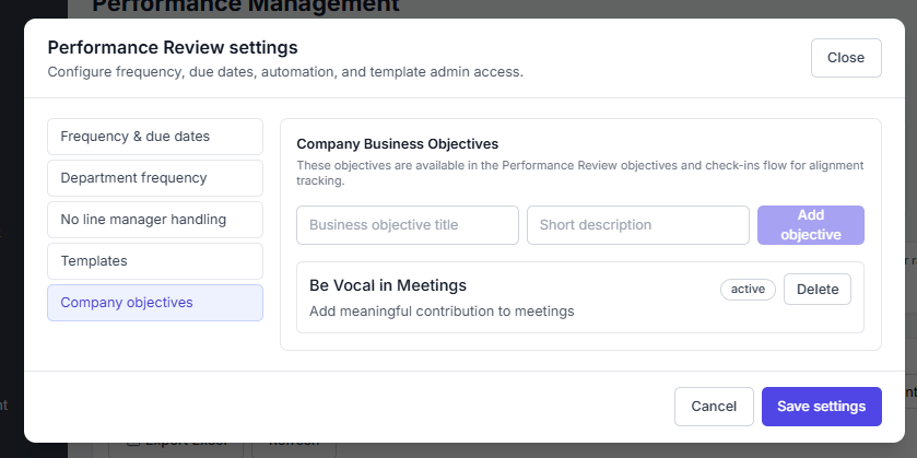 Company objectives section in Performance Review settings