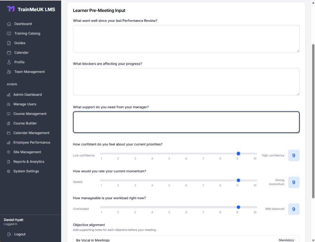 Pre-meeting form with reflection text areas