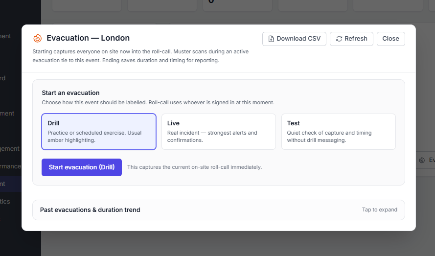 Start evacuation controls on the site dashboard