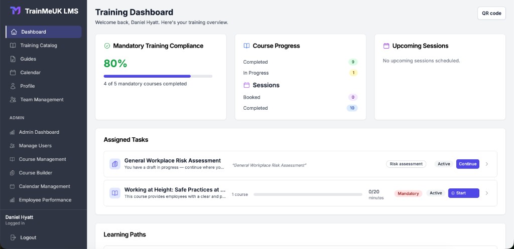 Training Dashboard with QR code button