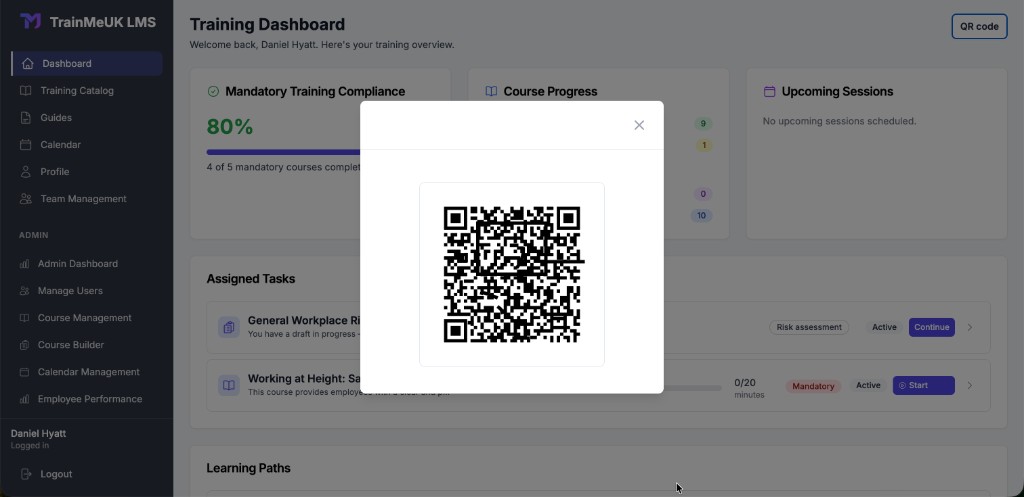 Compliance passport QR modal on Training Dashboard