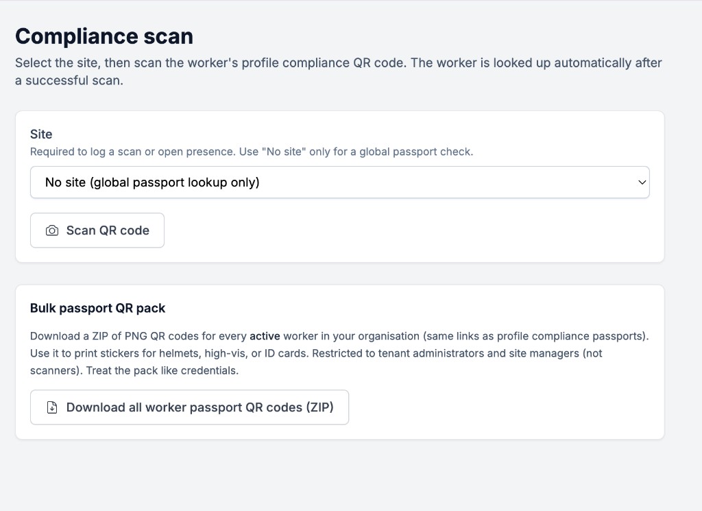 Compliance scan page with site selector and Scan QR code