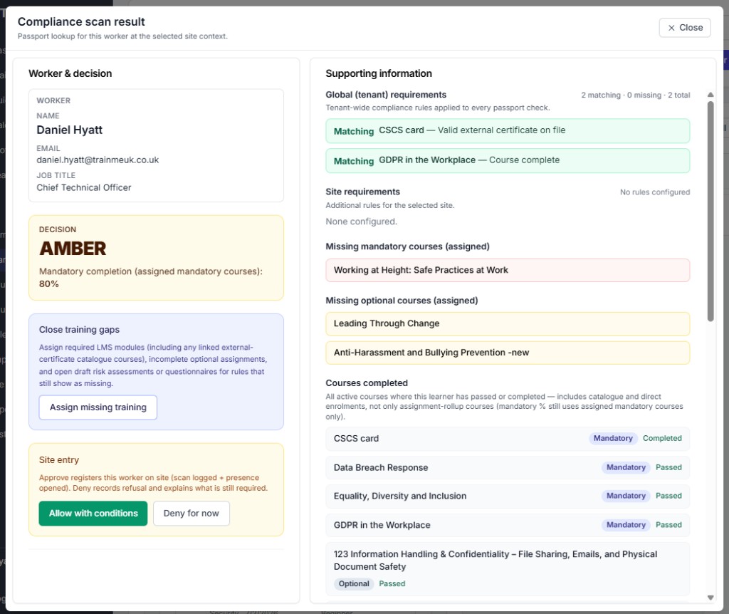 Compliance scan result modal with GREEN decision and requirement checklist