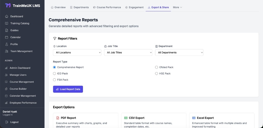 Export and Share with filters, report packs, and PDF CSV Excel options