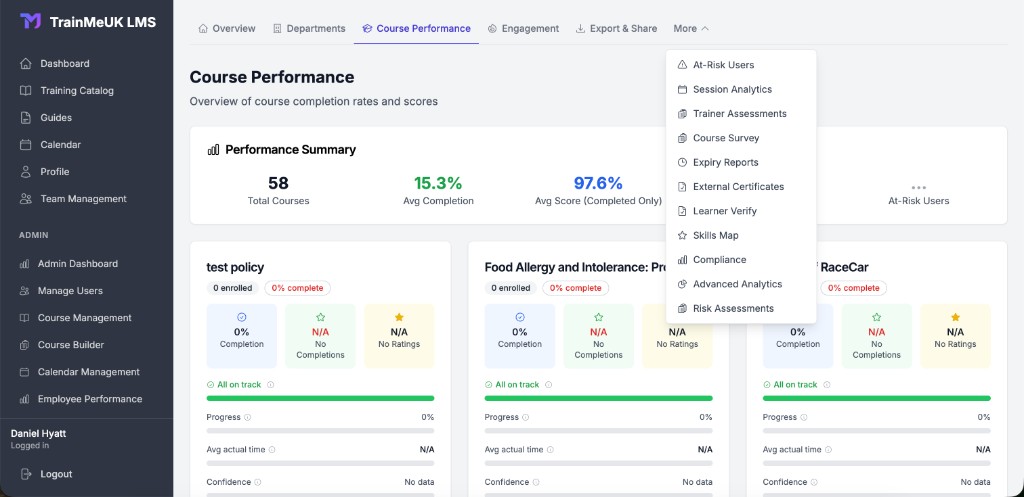 Course Performance with More menu listing At-Risk, Expiry, Compliance and other reports