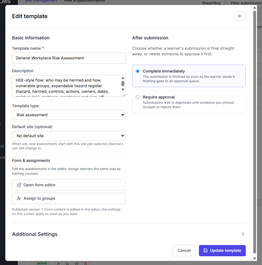 Edit template settings modal showing After submission and related options