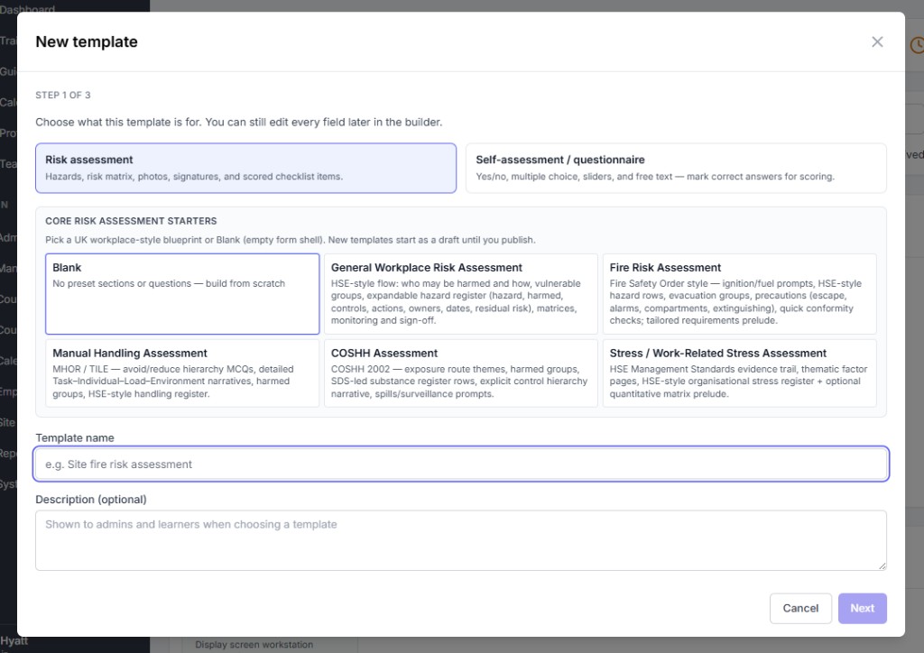 Risk assessment template editor with section toolbox and version selector
