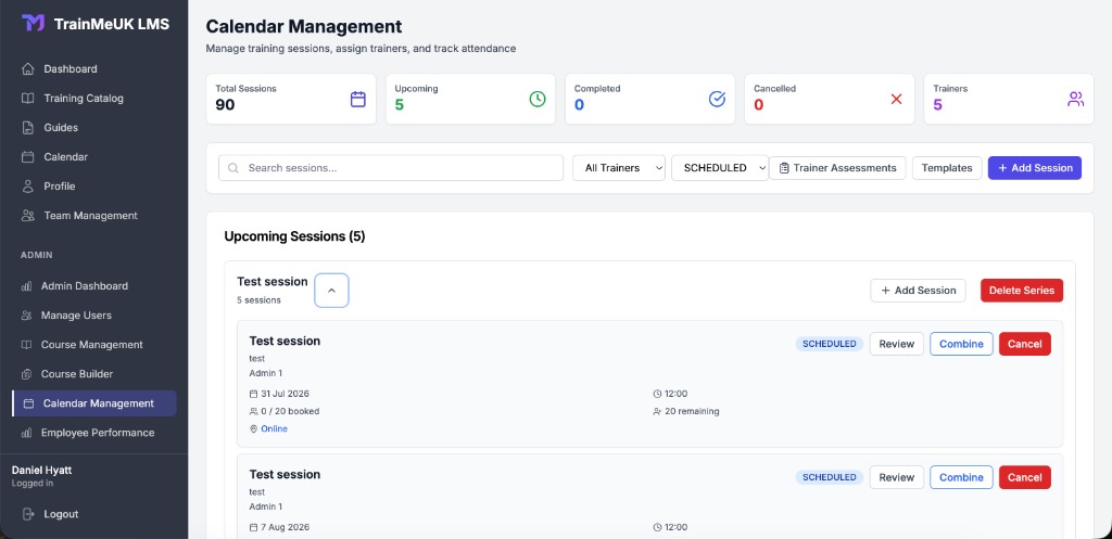 Session series with Add Session and Delete Series on Calendar Management