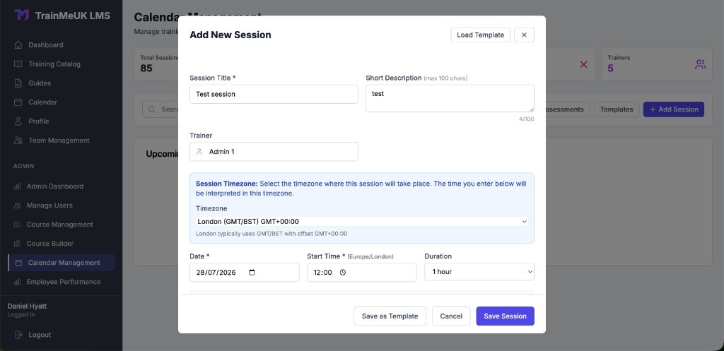Add New Session modal with title, trainer, timezone, date and duration