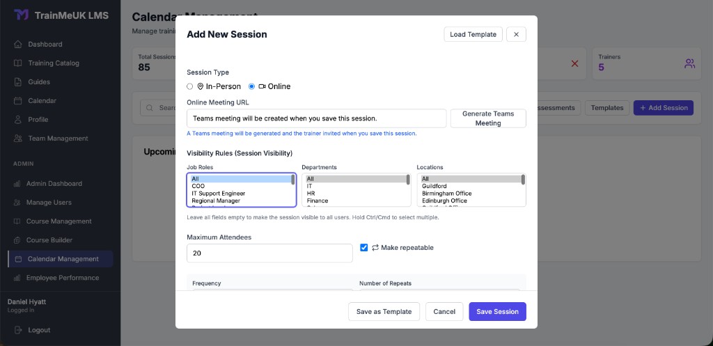 Add New Session with Online type, Teams meeting, and visibility rules