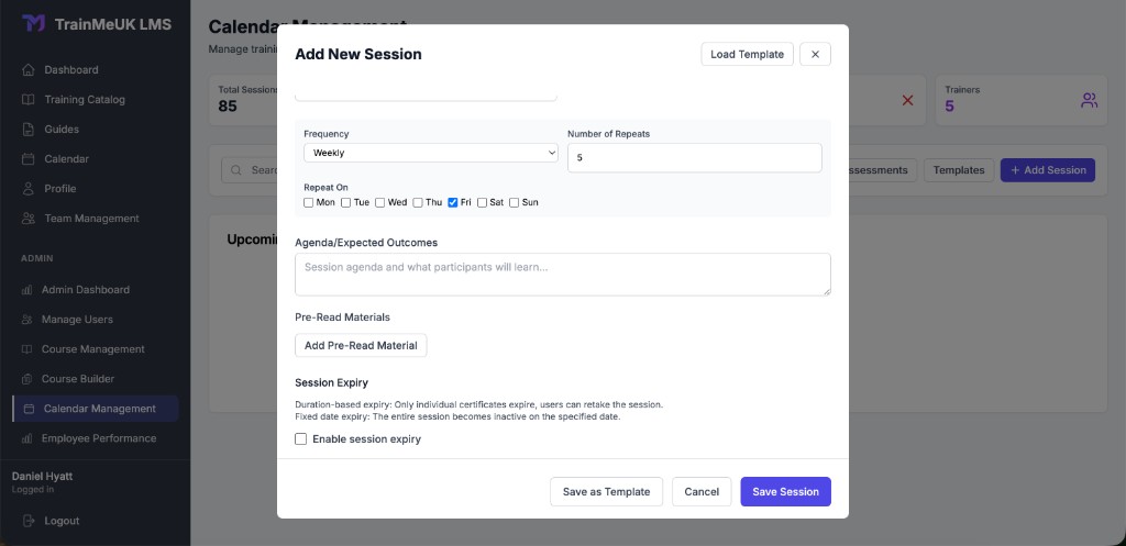 Add New Session recurrence with Weekly frequency and Repeat On days