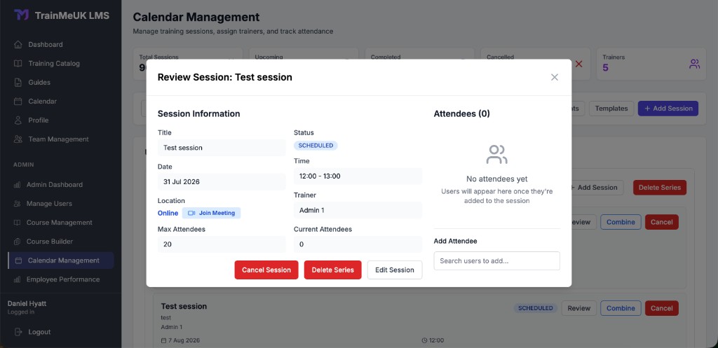 Review Session with attendees panel and search to add users