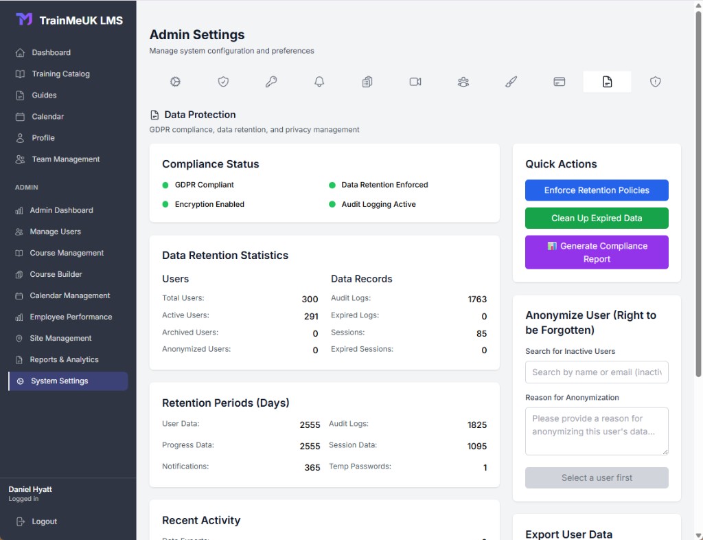 Data Retention Statistics and Retention Periods on the Data Protection tab